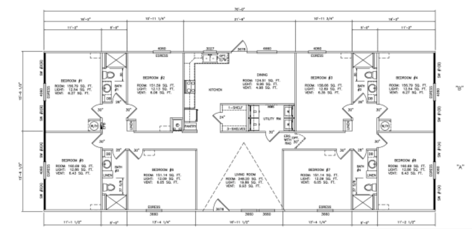 8-Bedroom H-2A Unit — H-2A farmworker housing unit floor plan